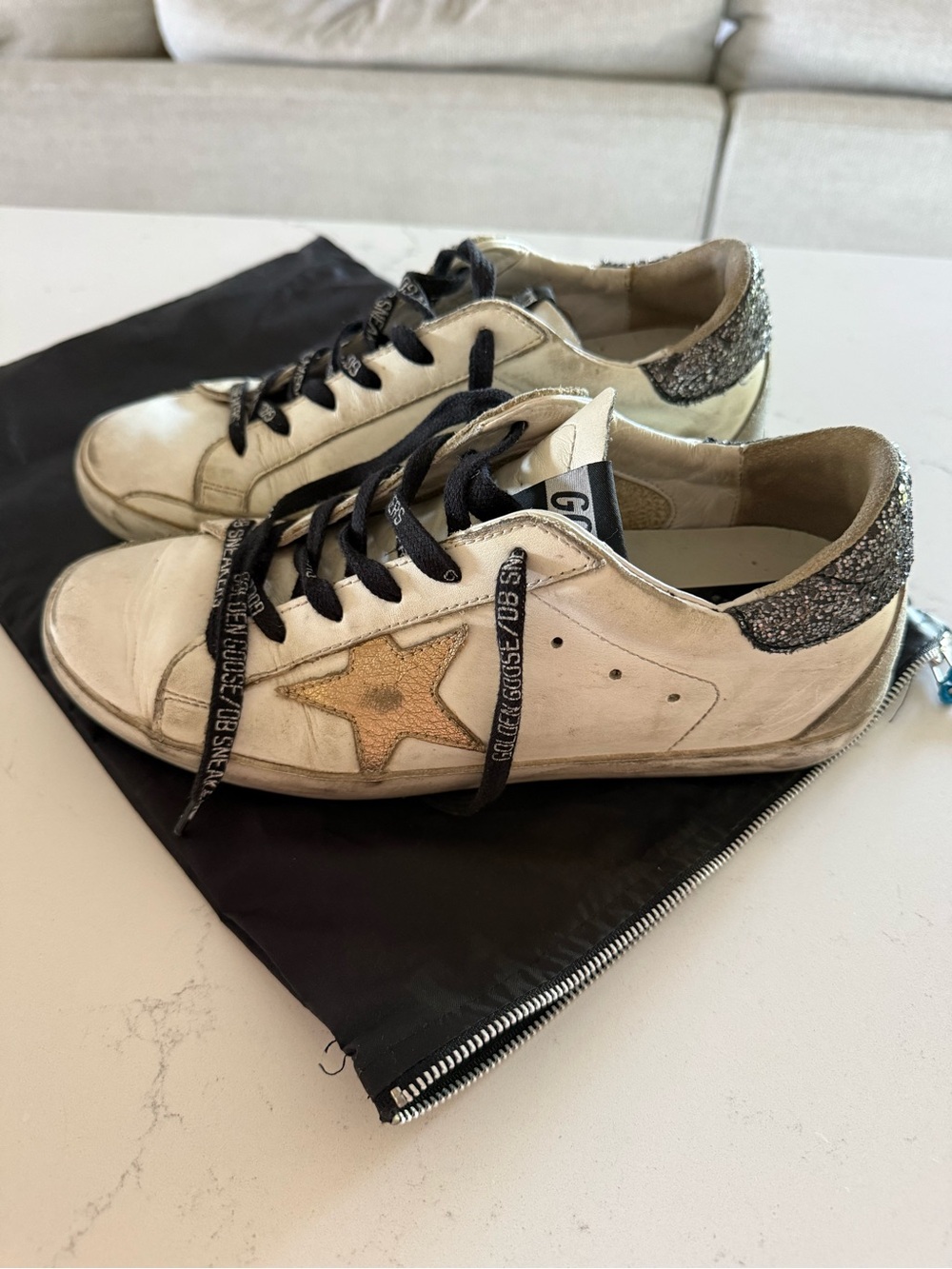 Golden Goose White Leather Sneakers with Black Glitter Heel Tab - Picture 2 of 7